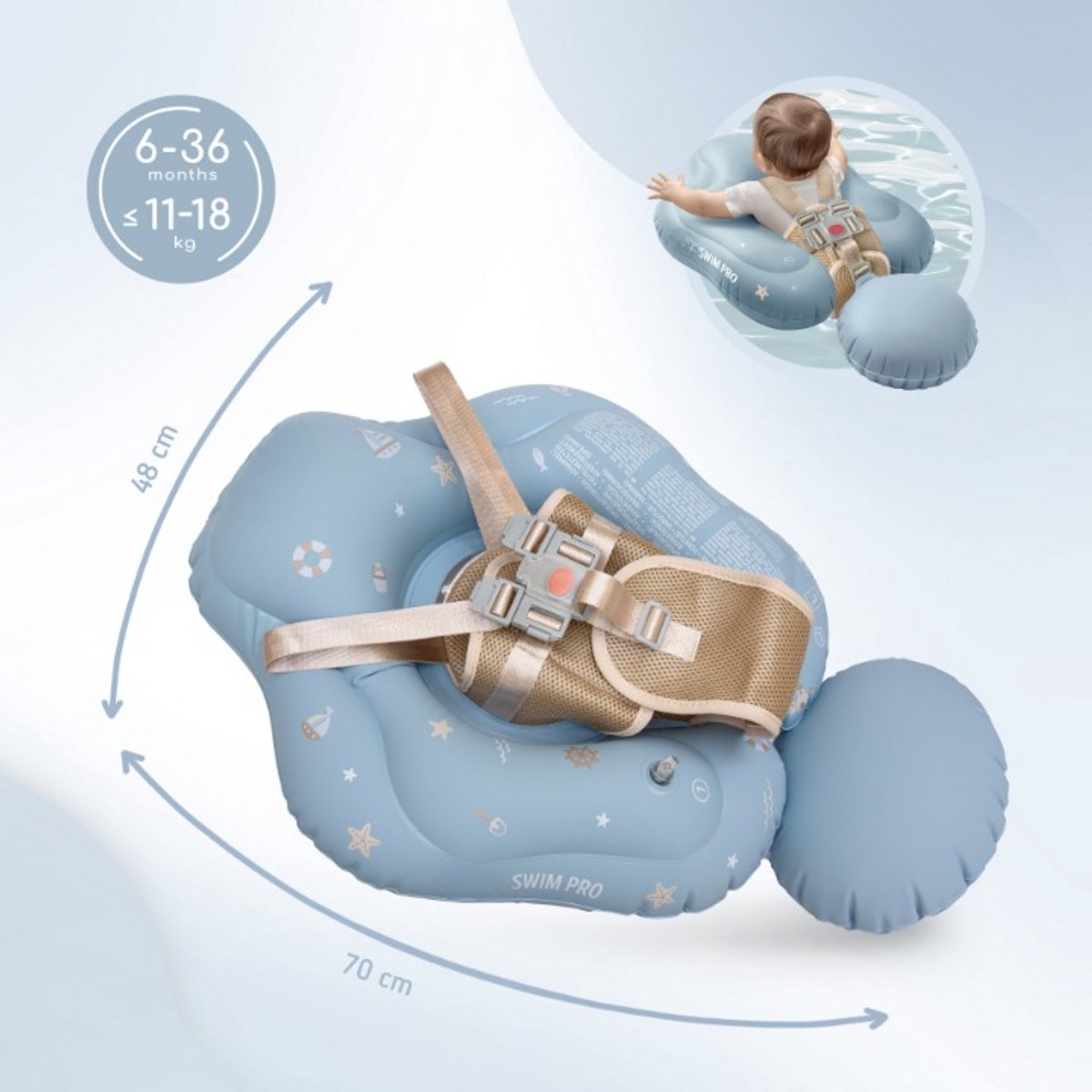 Sipo - Swim Pro - Baby Zwemband met Zitje - Opblaasbare Zwemtrainer Baby - Baby Float met Veiligheidsgordels - Zwemring voor Baby & Peuter 6-36 Maanden - 11-18 kg - 70 x 48 cm - Blauw – foto 7