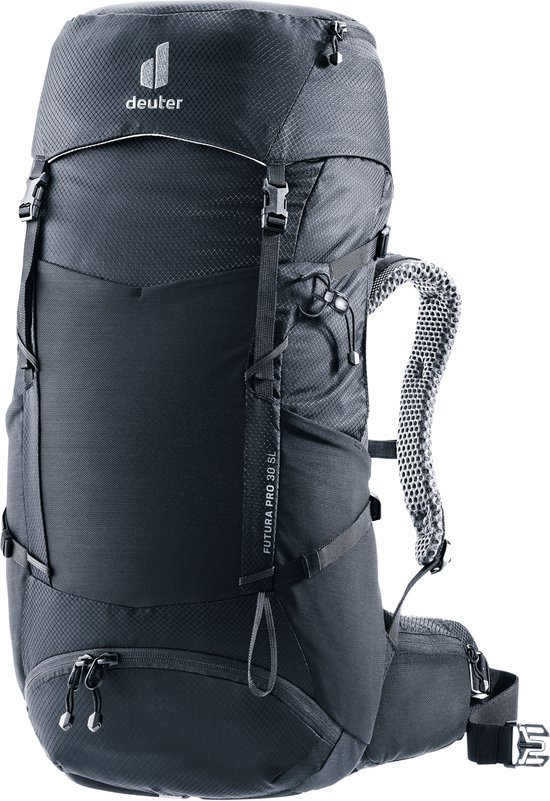 Grijze Deuter Futura Pro 30 SL rugzak met witte reflecterende streep.