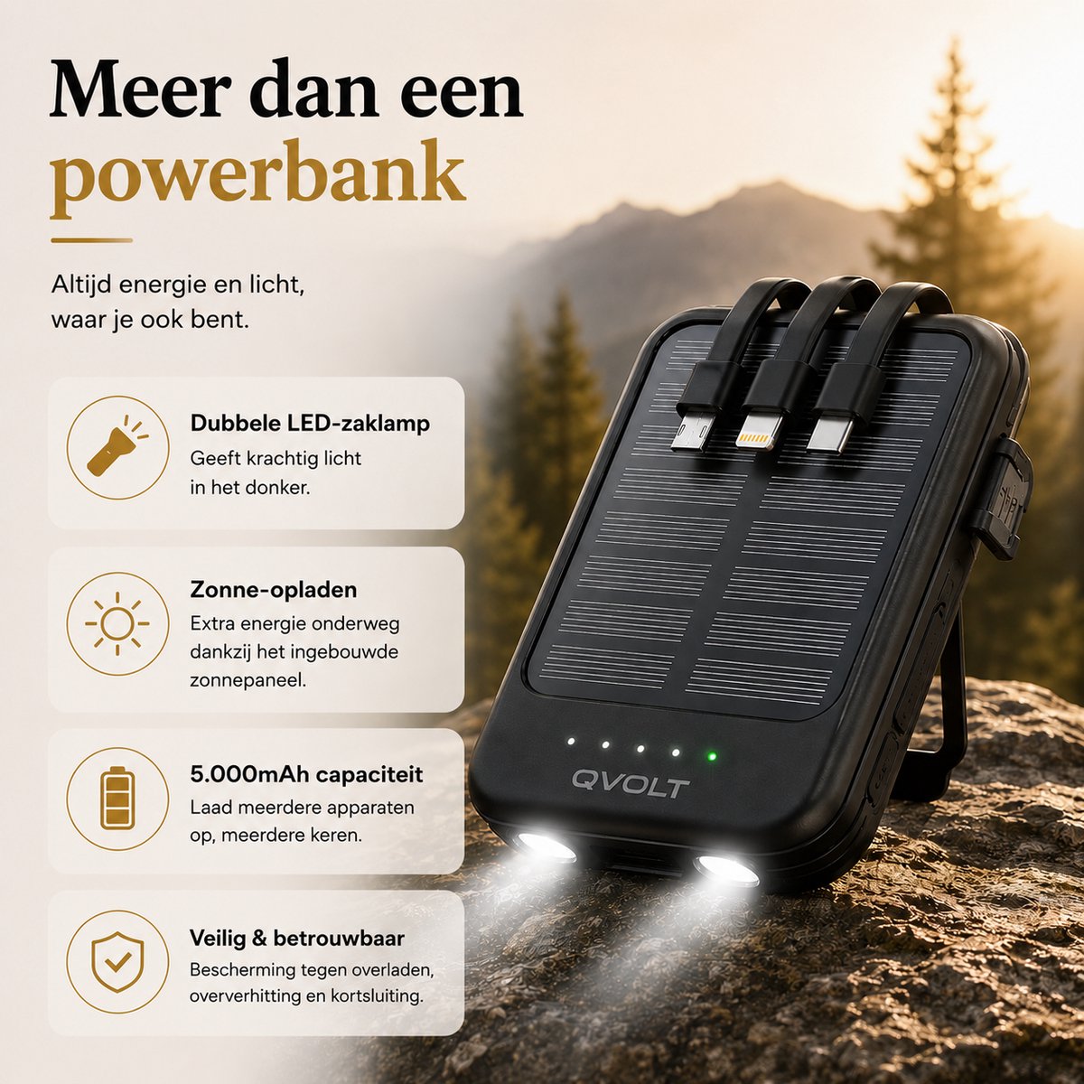 Solar Powerbank met Zaklamp - Zonne Powerbank 5000 mAh - USB-A&USB-C - Mini Powerbank Zonneenergie - Universeel Charger - Solar Panel Powerstation - Portable Charger - Incl. Kabels - Lichte Powerbank met Zonnepanelen - Noodpakket - Zwart - Soundlogic – foto 3