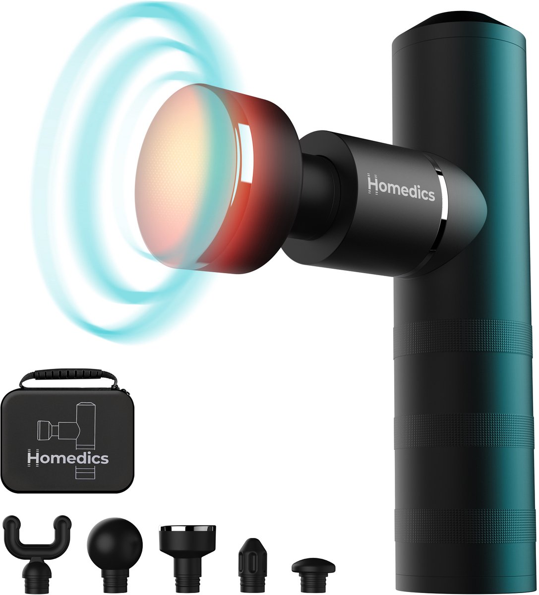 HoMedics Myti Draadloze Massage Gun - Lichtgewicht Design - 5 Opzetstukken en 4 Intensiteitsinstellingen - 3 Uur Batterijduur - Massageapparaat - Verwarmde opzetstuk - Opbergtas - Zwart - HHP65