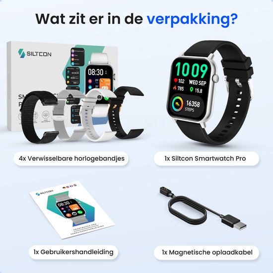 Inhoud van de verpakking: Siltcon Smartwatch Pro, 4x verwisselbare bandjes, gebruikershandleiding en magnetische oplaadkabel.