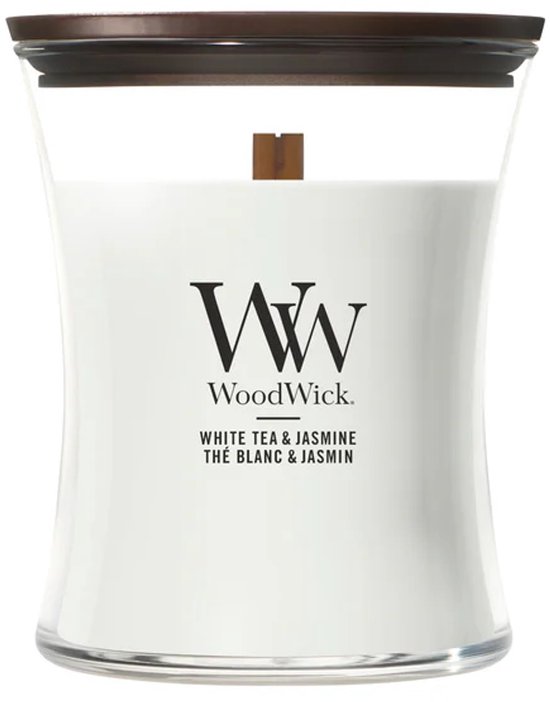 WoodWick Hourglass medium geurkaars, White Tea & Jasmine.