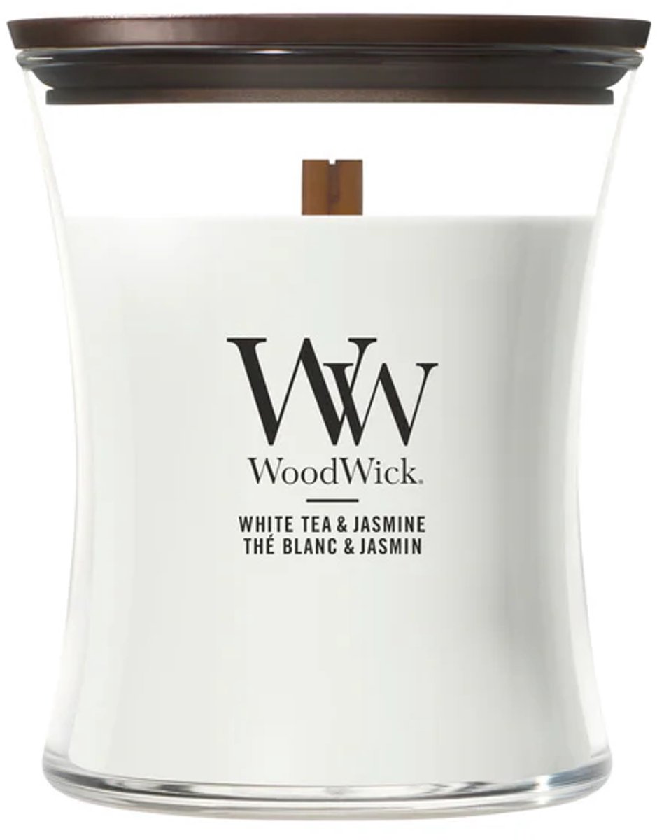 WoodWick Hourglass Medium Geurkaars - White Tea & Jasmine - 60 branduren Wit