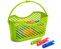 Wasknijpermandje met 24 Wasknijpers – Kunststof Wasknijpermand – Ophangbaar – 24 x 10,5 x 12 cm – Groen
