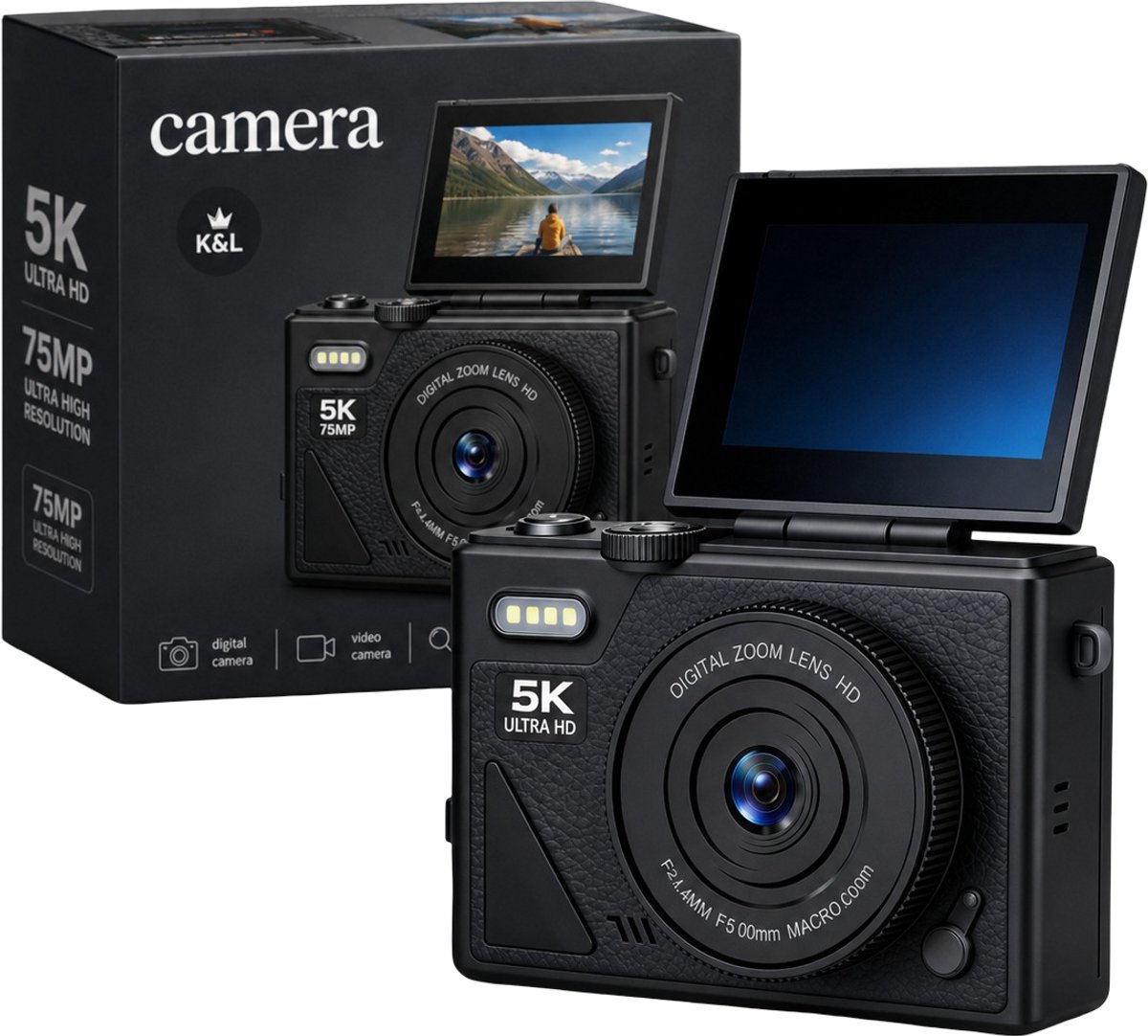 K&L - 5K 75MP - 18X Zoom - 64GB SD - WiFi - 3.0" UHD-display - mic-poort - Fotocamera - Compact Camera - Vlog Camera