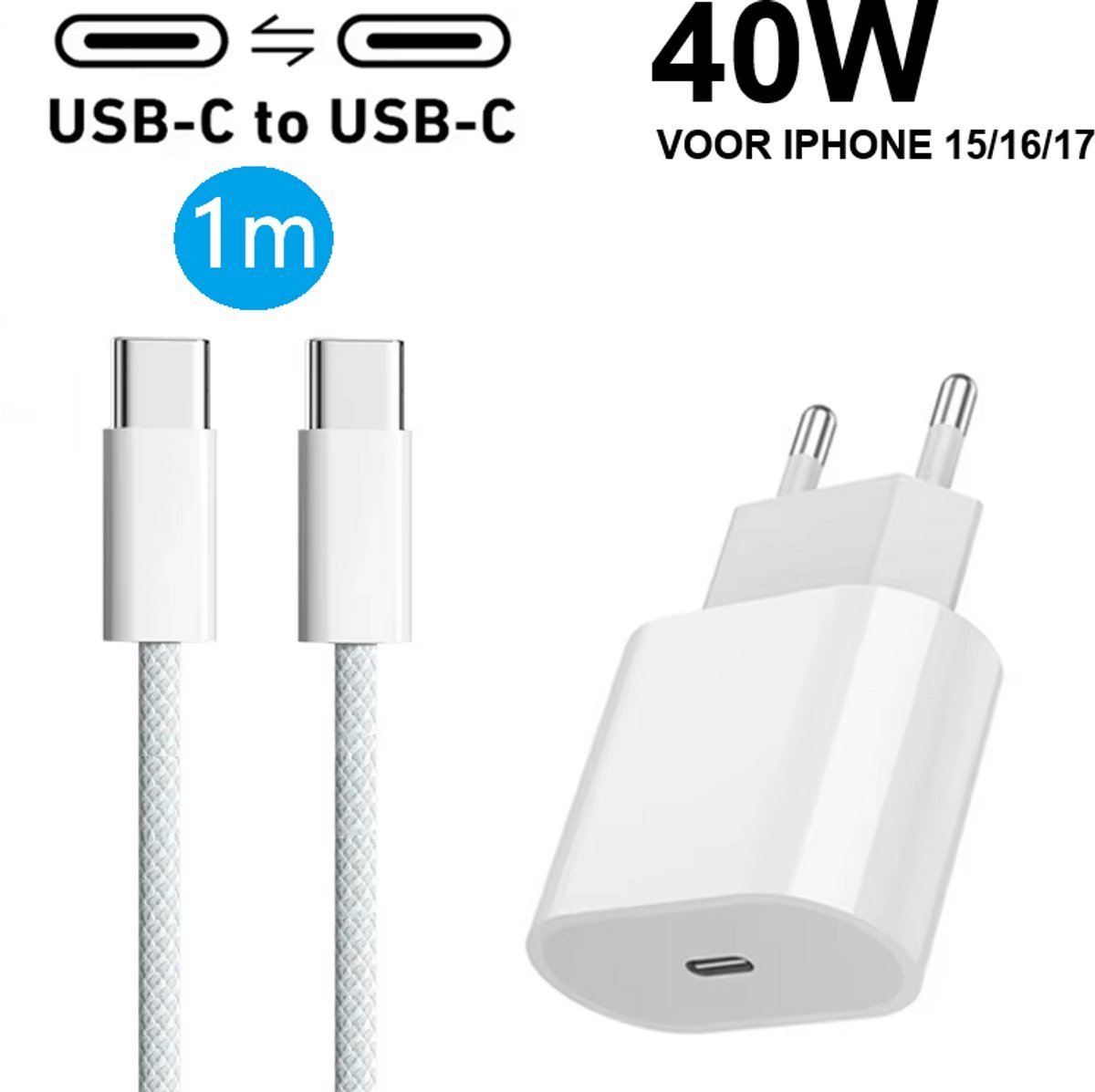 Apple iPhone 40W USB-C Oplader + USB-C Kabel – Snellader geschikt voor iPhone 17 / 16 / 15 (Pro / Pro Max / Plus) – Power Delivery Adapter