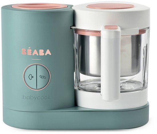 Robot bébé Béaba Babycook Neo vert avec des accents roses, poignée blanche et bol transparent.