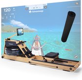 Houten roeitrainer met waterweerstand, die een virtuele roeibaan op een tropisch water toont.