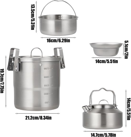 Outdoor Camping Servies Set - 13 Stks/Set Outdoor Kookset met Pot, Waterkoker, Kommen & Opbergtas, Roestvrij Staal Kookgerei, Draagbaar Fornuis, Genest Ontwerp, voor Backpacken, Wandelen, Trekking — afbeelding 5