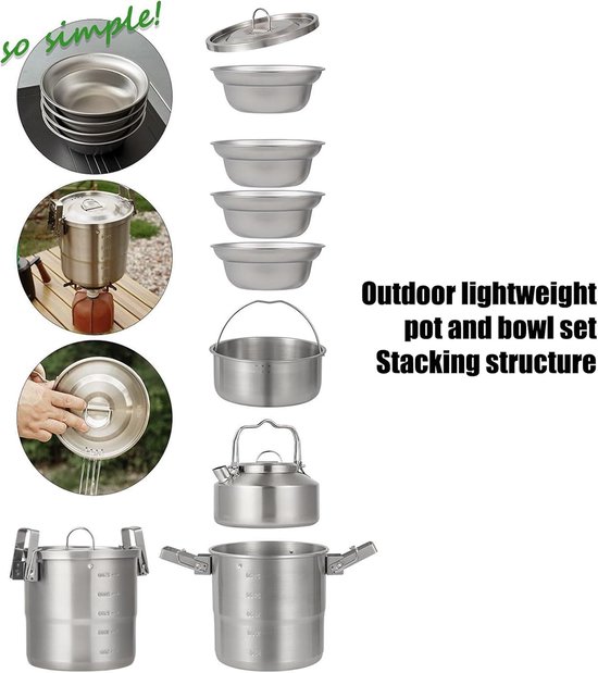 Outdoor Camping Servies Set - 13 Stks/Set Outdoor Kookset met Pot, Waterkoker, Kommen & Opbergtas, Roestvrij Staal Kookgerei, Draagbaar Fornuis, Genest Ontwerp, voor Backpacken, Wandelen, Trekking — afbeelding 4