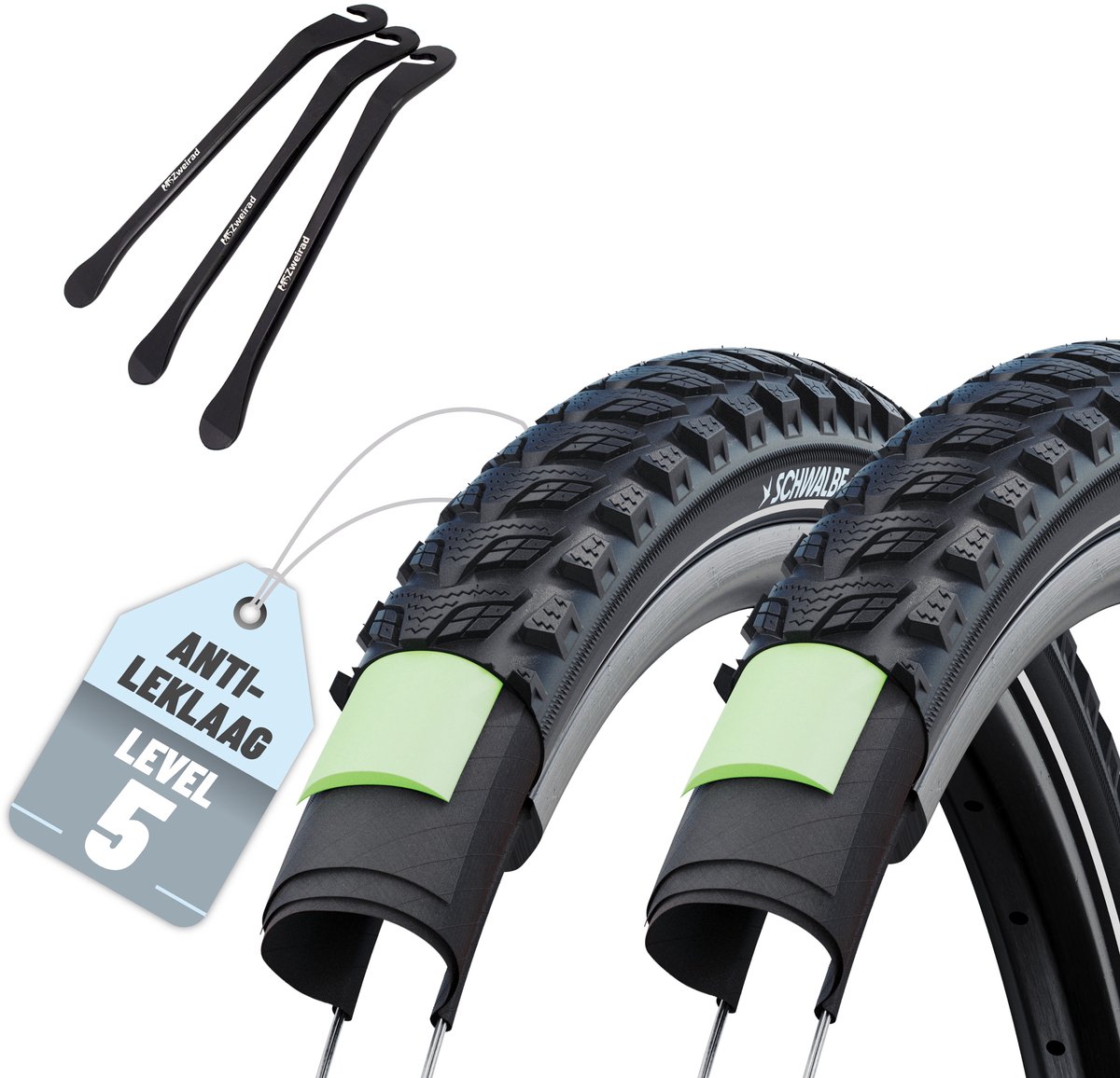 Set van 2 Schwalbe fietsbanden Marathon 365 28 x 1,50 inch (ETRTO 40-622), zonder binnenbanden + 3x MSZweirad metalen bandenlichter