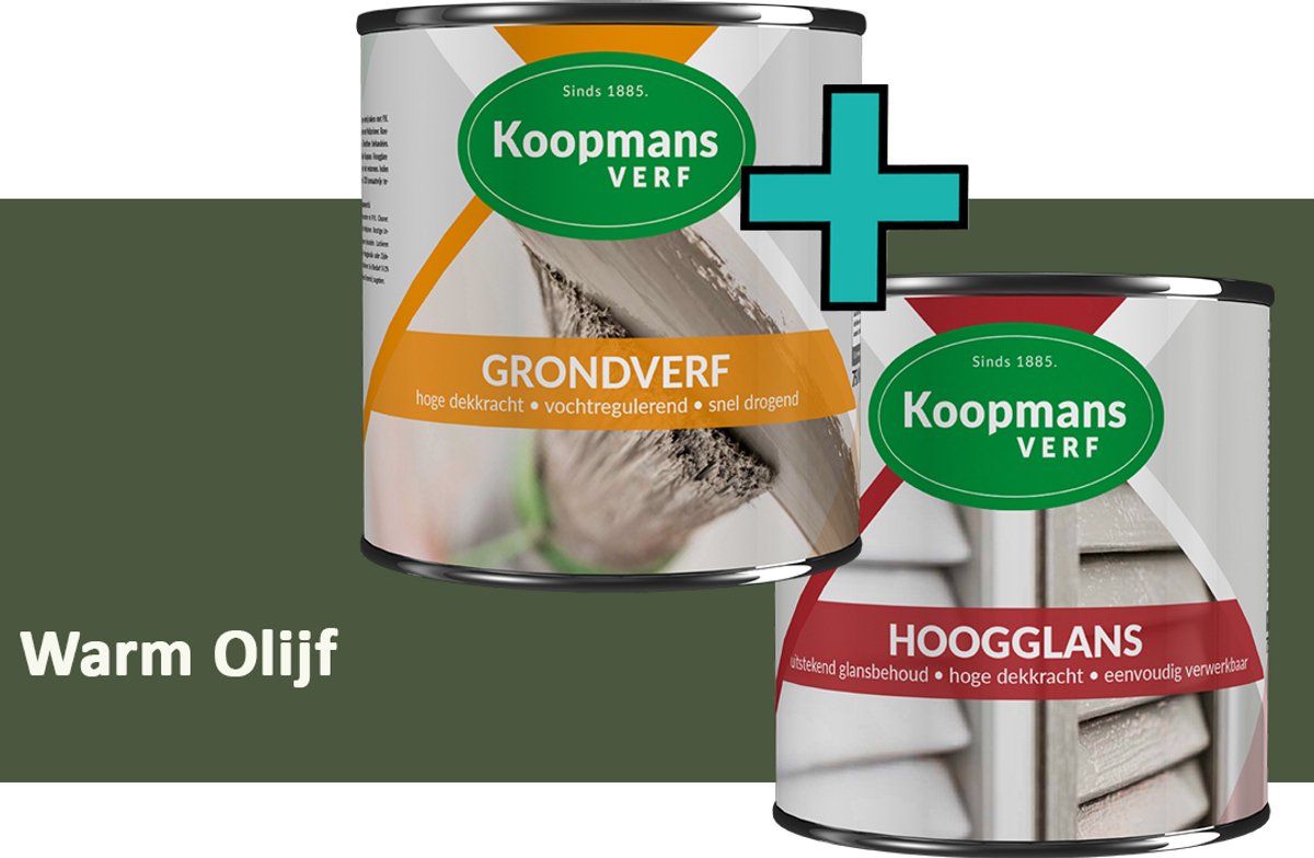 Koopmans Grondverf en Hoogglans Lakverf - set geschikt voor hout en metaal – Warm Olijf – 2x – 750 ml