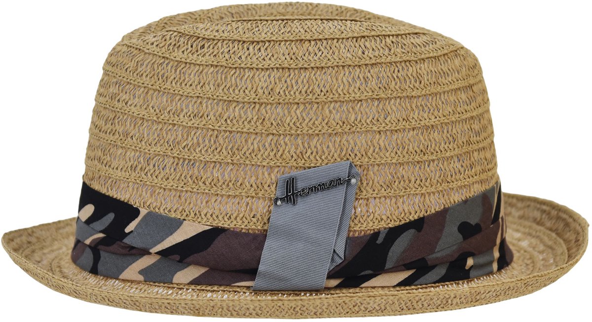 Herman chapeau petit bord relevé en paille papier uni avec ruban imprimé camouflage