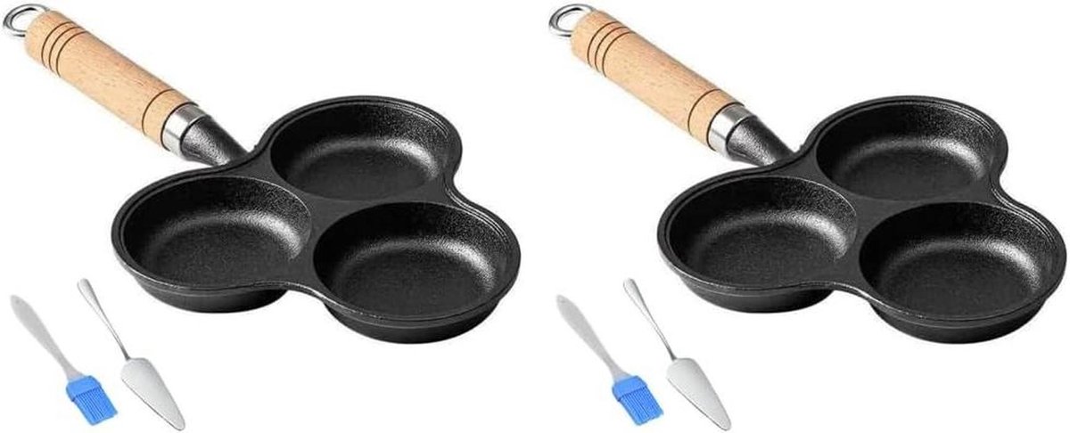 Gietijzeren Koekenpan - Eierpan 3-cup - Ontbijt Bereiden - Anti-aanbaklaag - 32.5 cm - Zwart
