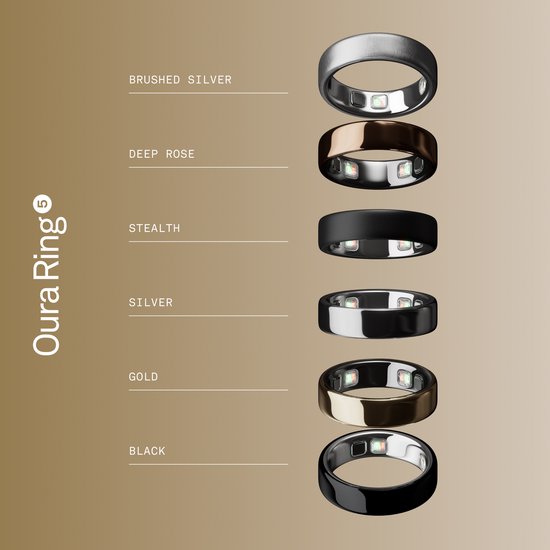 Oura Ring 5 modellen: Geborsteld zilver, diep roze, stealth, zilver, goud en zwart.