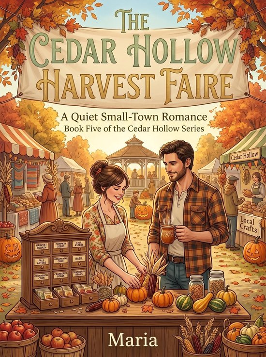 Boekomslag: "The Cedar Hollow Harvest Faire", een romantisch verhaal. Een stel staat bij een oogstmarkt.