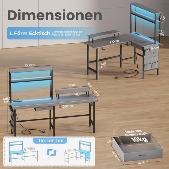 Hoekbureau met LED - Computer tafel - Ruimte optimaliseren - Geïntegreerde stopcontacten - 150 x 100 cm - Grijs — afbeelding 2