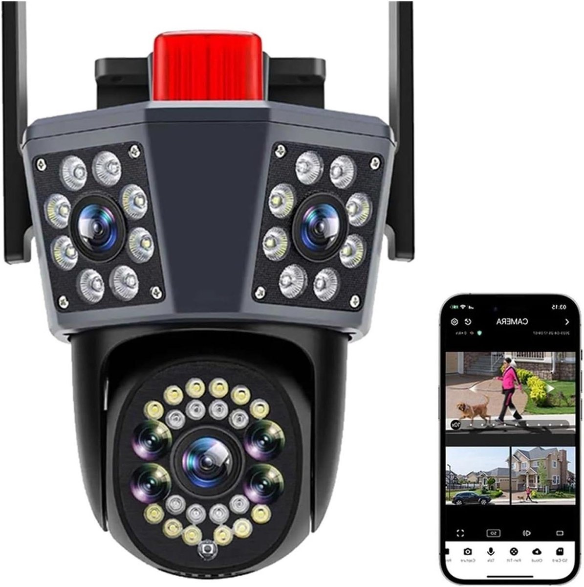 Beveiligingscamera Buiten - Drie Scherm Camera - Huis Beveiliging - Automatische Tracking - 6K Resolutie - Zwart