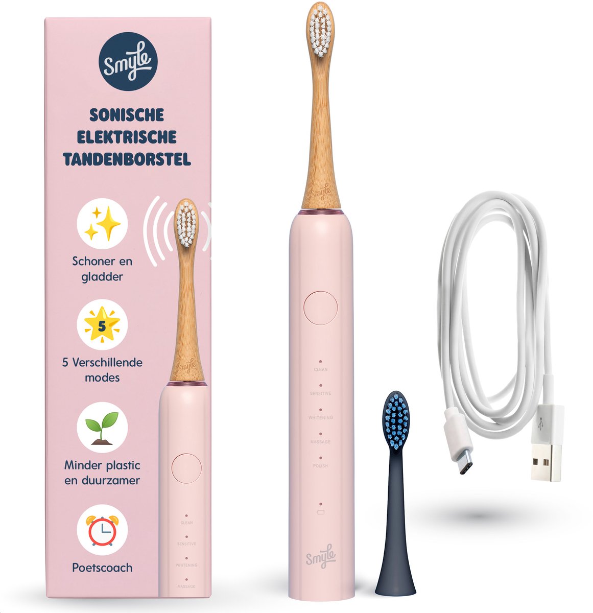 Smyle Sonische Elektrische Tandenborstel met USB-C Oplader, 2 Opzetborstels, 4 monate Lange Batterijduur en Druksensor - Duurzaam en Effectief Poetsen - Rose