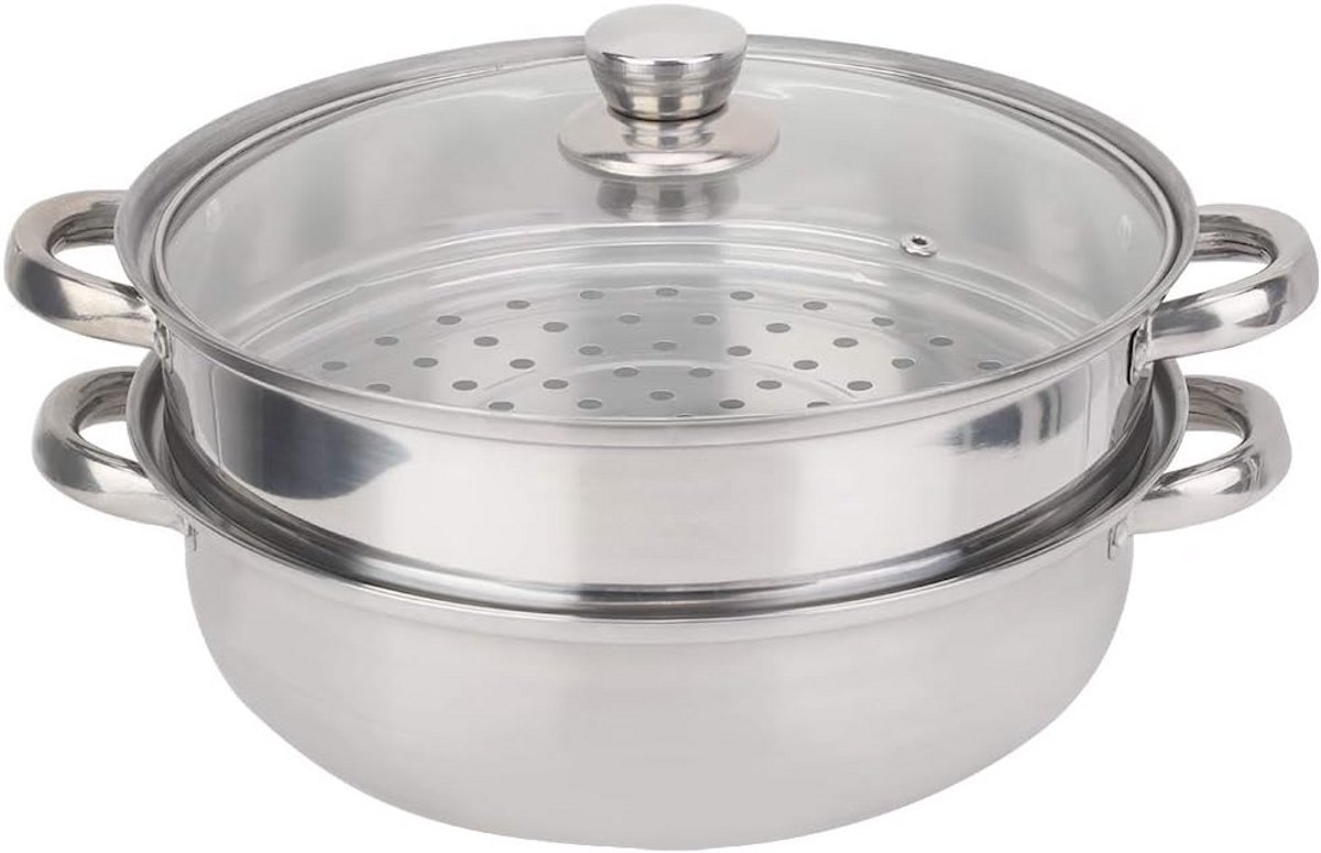Stoompan Set - Kookpan Stomer - Gezond Koken - Dubbele Laag - 27 cm Diameter - Zilver
