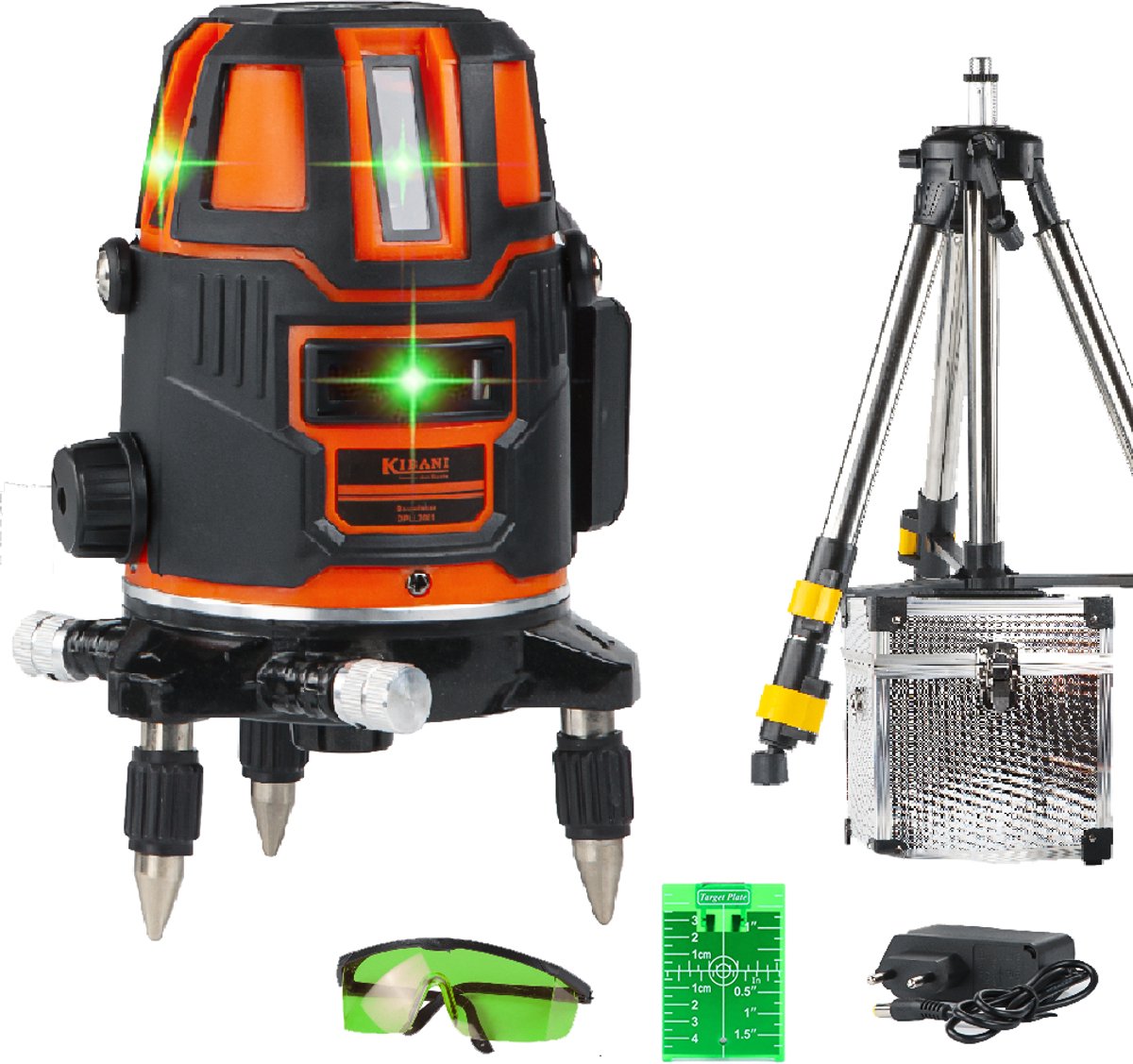 Kibani Kruislijnlaser met Statief - Incl. Laserrichtbord - Bouwlaser Zelfnivellerend - Kruislaser - Rotatielaser - Laserwaterpas - Lijnlaser - Oplaadbare Accu - groen - met Statief, Opbergbox en Laserrichtbord