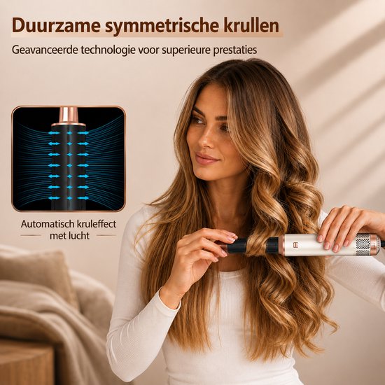 Model met een volume-krulborstel die luchteffect creëert. Zwarte en koperkleurige styler.