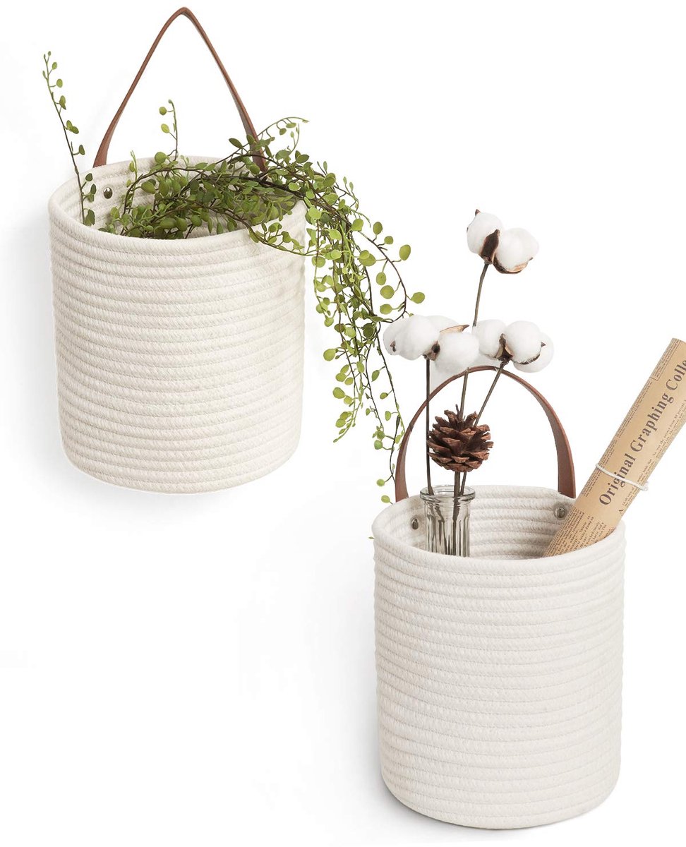 carmdering - Opbergmand - Hangende Mand - Wandmand - Wit, set van 2, jute, leren handvat - 20×17,8 cm - Voor keuken, badkamer, woonkamer - Voor speelgoed, cosmetica, paraplu's, sleutels - Wand- of deurmontage