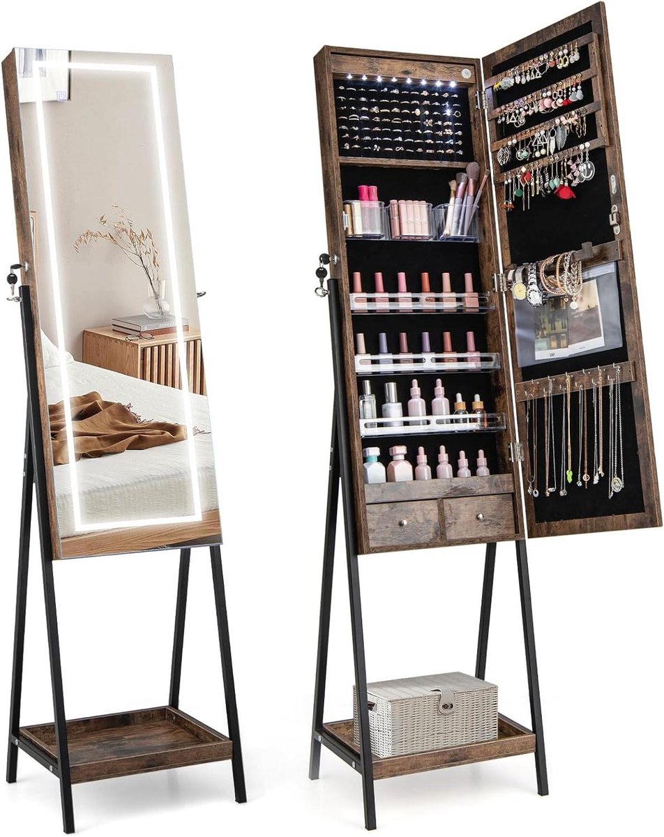 Juwelenskast met spiegel - Sieraden opberger - Alles organiseren - Verstelbare LED verlichting - 41 x 35 x 160 cm