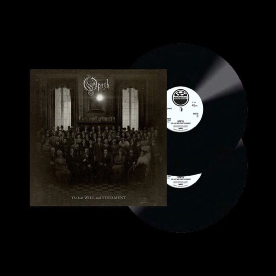 Dubbel vinyl album met de hoes van "The Last Will and Testament" van Opeth, met een groepsfoto in sepia.