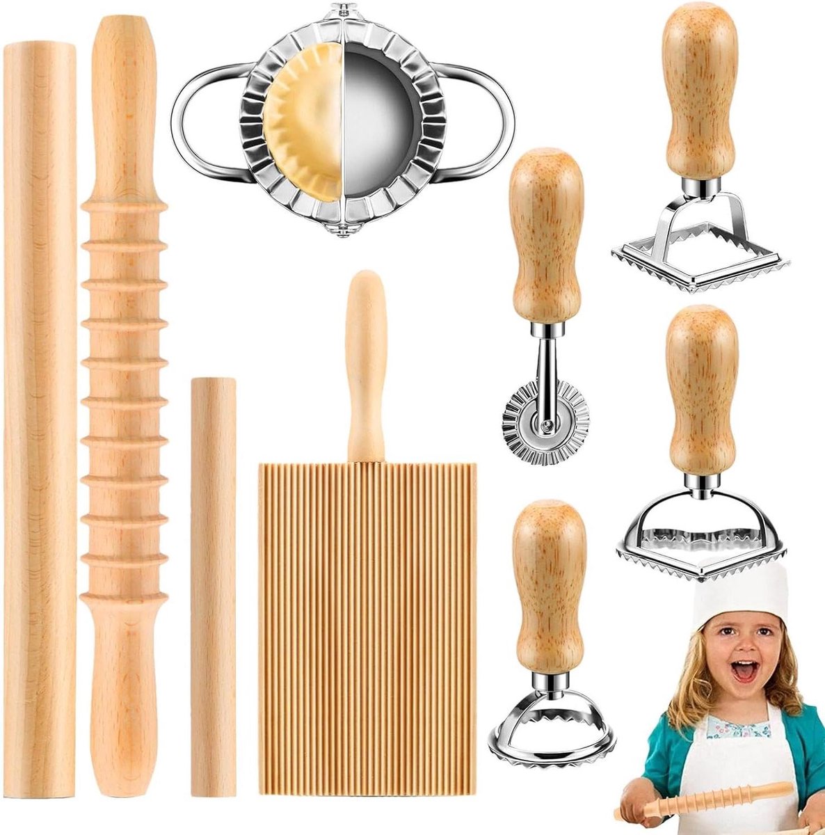 Pastamaker Set - Deegroller Gnocchi - Zelf Pasta Maken - 9 Delig Keukengerei - 36x21x6 cm - Natuurlijk Hout