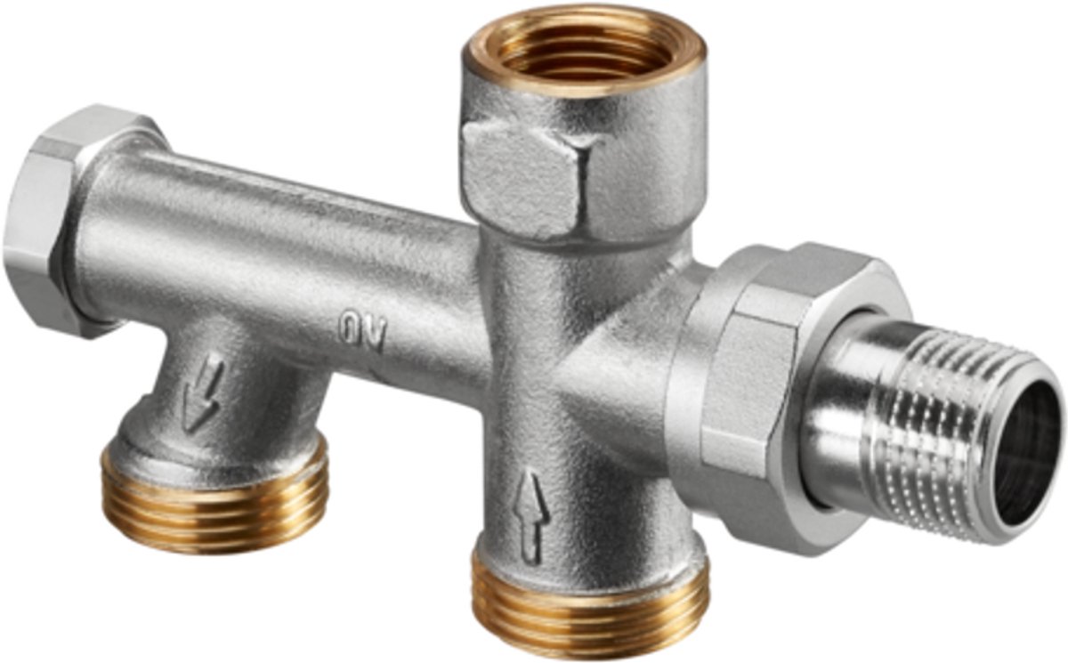 OVENTROP Uno éénpijpsaansluitstuk met traploos instelbare bypass en afsluiting DN 15, G 3/4 AG, buisafstand 50 mm, met messingkoppeling, 1013162