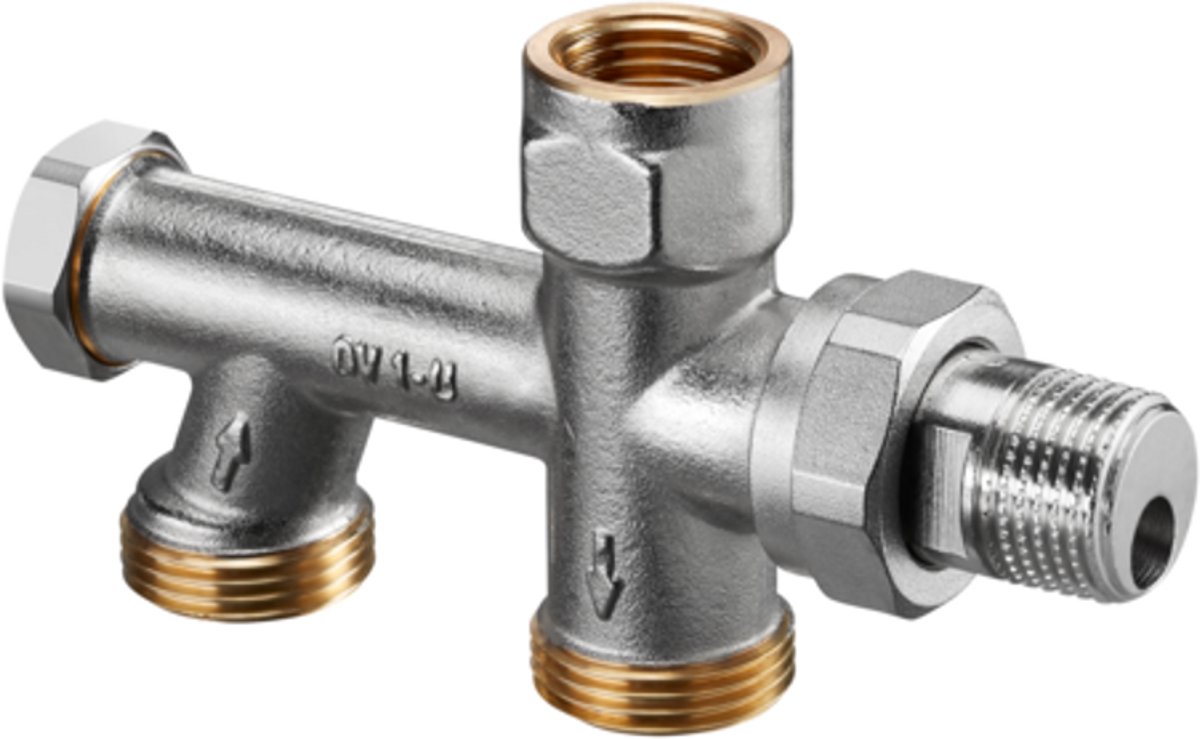 OVENTROP Uno éénpijpsaansluitstuk met traploos instelbare bypass en afsluiting DN 15, G 3/4 AG, buisafstand 50 mm, met isolatiekoppeling, voor verwisselde aan- en retourleiding, 1013164