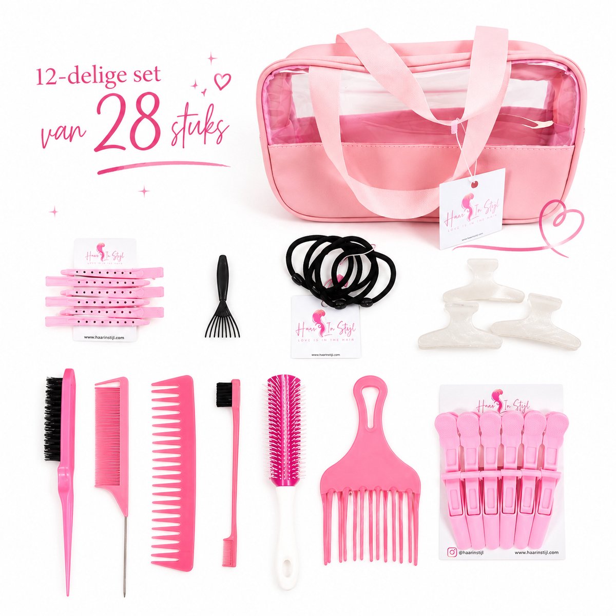 Haar in Stijl® 28-delig Roze Toilettas - Haartools - Kammen Borstels Haarklemmen - Cadeautas Dames