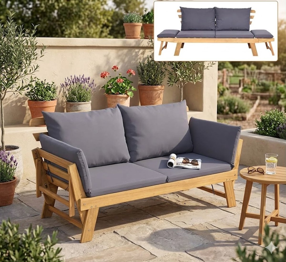 Tuinbank met Ligfunctie 198 x 75 x 75 cm Acaciahouten Gartensofa met Verstelbare Armleuningen, Inclusief Kussens en Omvormbaar tot Loungesofa voor Tuin, Terras en Balkon Grijs - Mobili Bella