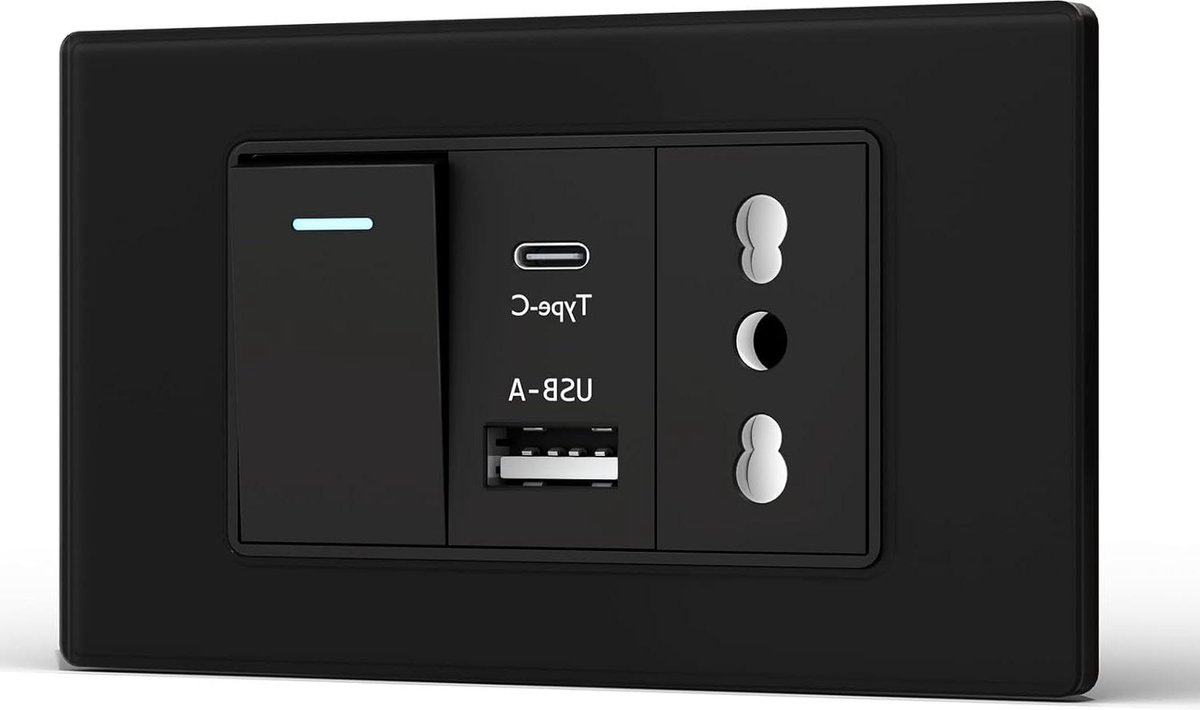 Stopcontact met USB - Wandcontactdoos - Apparaten Laden - Geïntegreerde Schakelaar - 118 mm - Zwart