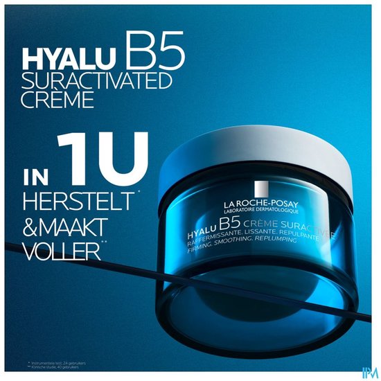 La Roche-Posay Hyalu B5 Suractivated Crème pot met blauwe en witte accenten. 'In 1U herstelt & maakt voller'.