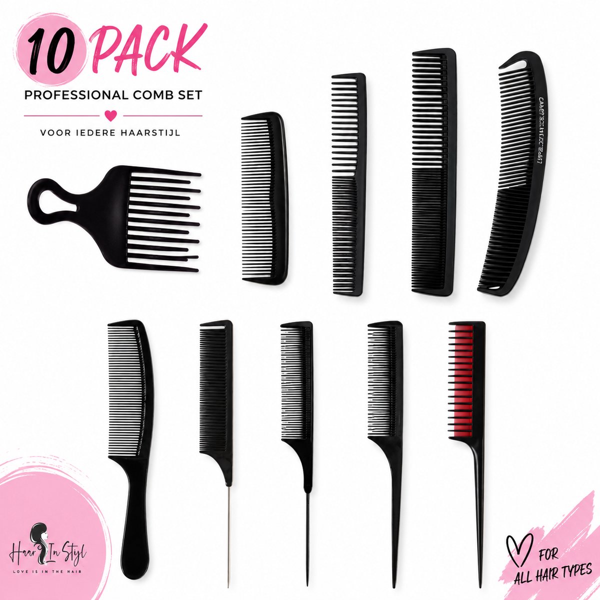 Haar in Stijl® 10 Pack Kammenset - Carbon Antistatische kammen - Fijne en Grof