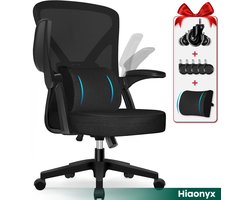 Hiaonyx Bureaustoel – Ergonomische bureaustoel met stille wielen – Bureaustoel voor volwassenen – Opklapbare armleuningen – Inclusief extra lendenkussen – Verstelbare lendensteun – Verdikt en verbreed zitkussen – Zwart