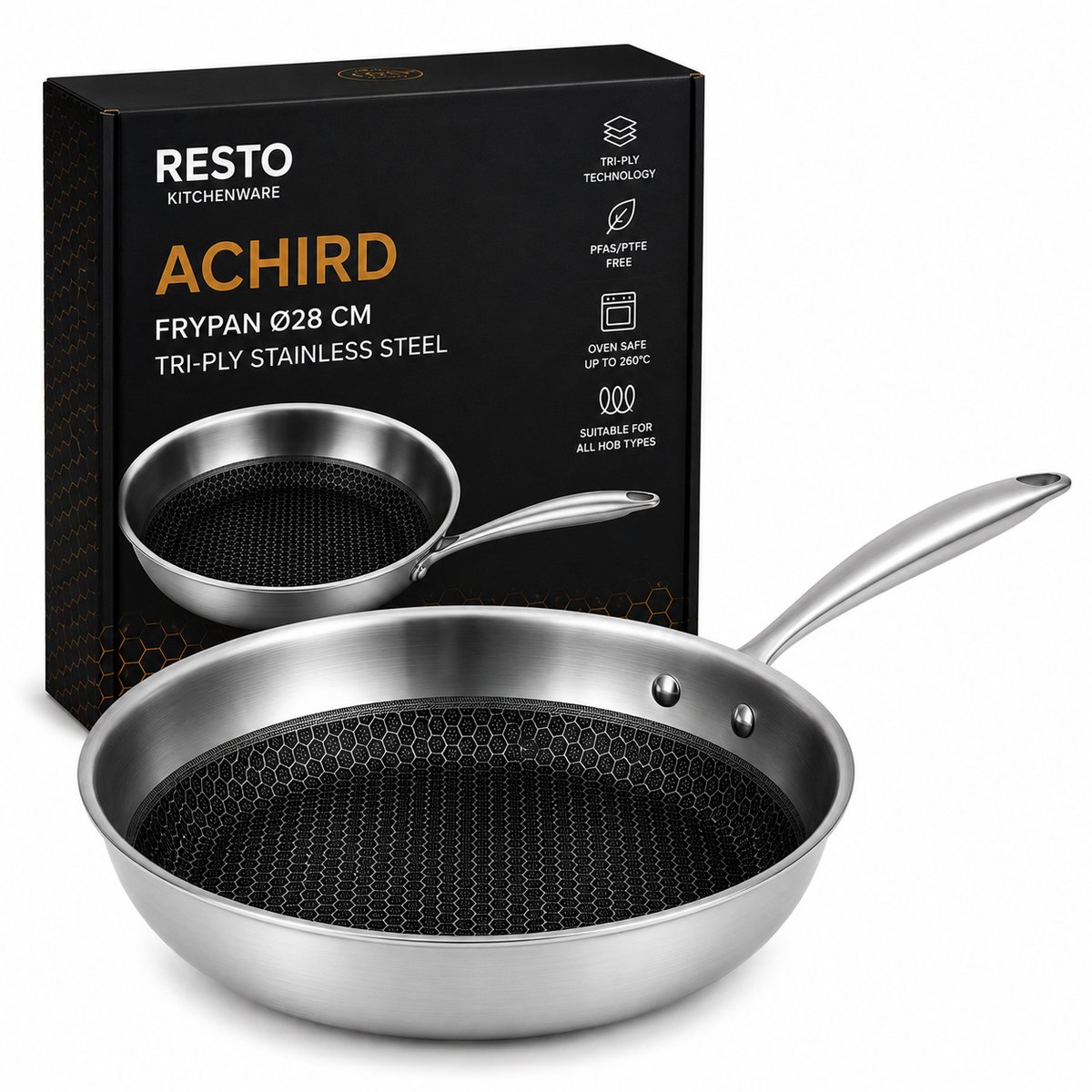 RESTO Achird Wokpan 28 cm – TRI-PLY RVS Wok – Inductie Geschikt – PFAS/PTFE Vrij – Honingraat Anti-aanbaklaag – Professionele Wokpan