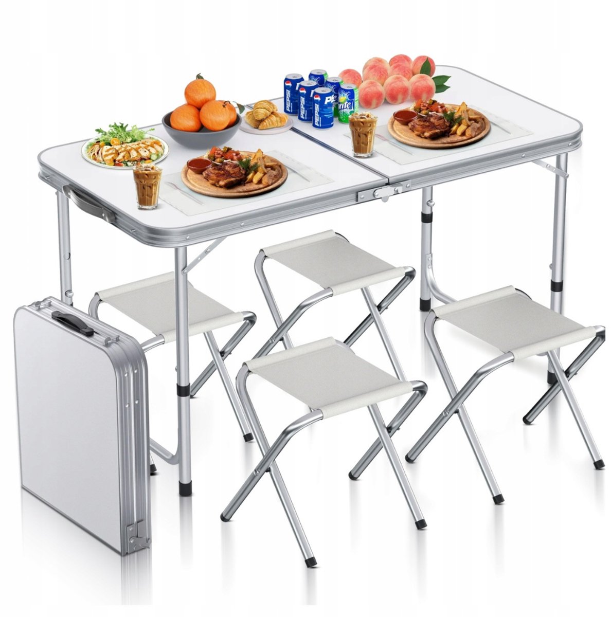 MOZY® - Inklapbare Kampeerset - Wit - 120 x 60 cm - Verstelbare Hoogte - Campingtafel met Stoelen - in Draagkoffer - Kampeermeubels