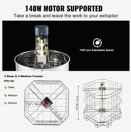 Elektrische Honingextractor 8 Raams - Honingslinger RVS - Honingcentrifuge voor Bijenteelt - 140W Motor met Instelbare Snelheid - Transparant Deksel - Verstelbare Poten - Honingspinner voor Diepe en Middelhoge Ramen — afbeelding 3