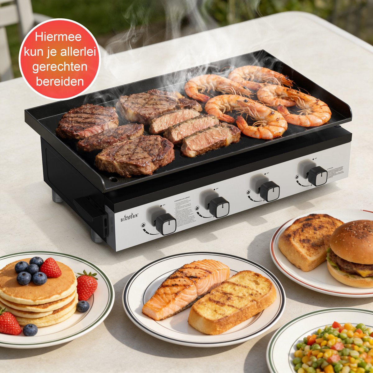 BIGHORN Gas Plancha BBQ met 4 Branders (9,96 kW) – Geëmailleerde Stalen Bakplaat – Compact Tafelmodel – Zwart – foto 4