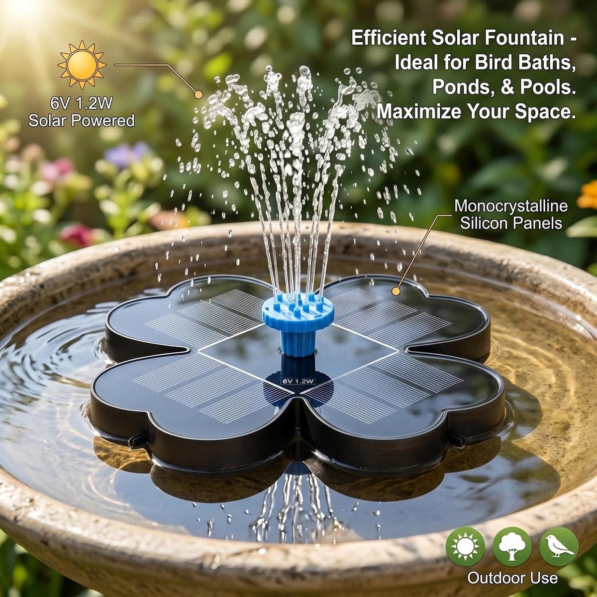 Zonnefontein voor Vogelbad - Solar Fonteinpomp met 8 Sproeikoppen en Verstelbare Paal - Automatische Waterpomp voor Vijver en Tuin - Inclusief Filterwatten - Zwart thumbnail 4