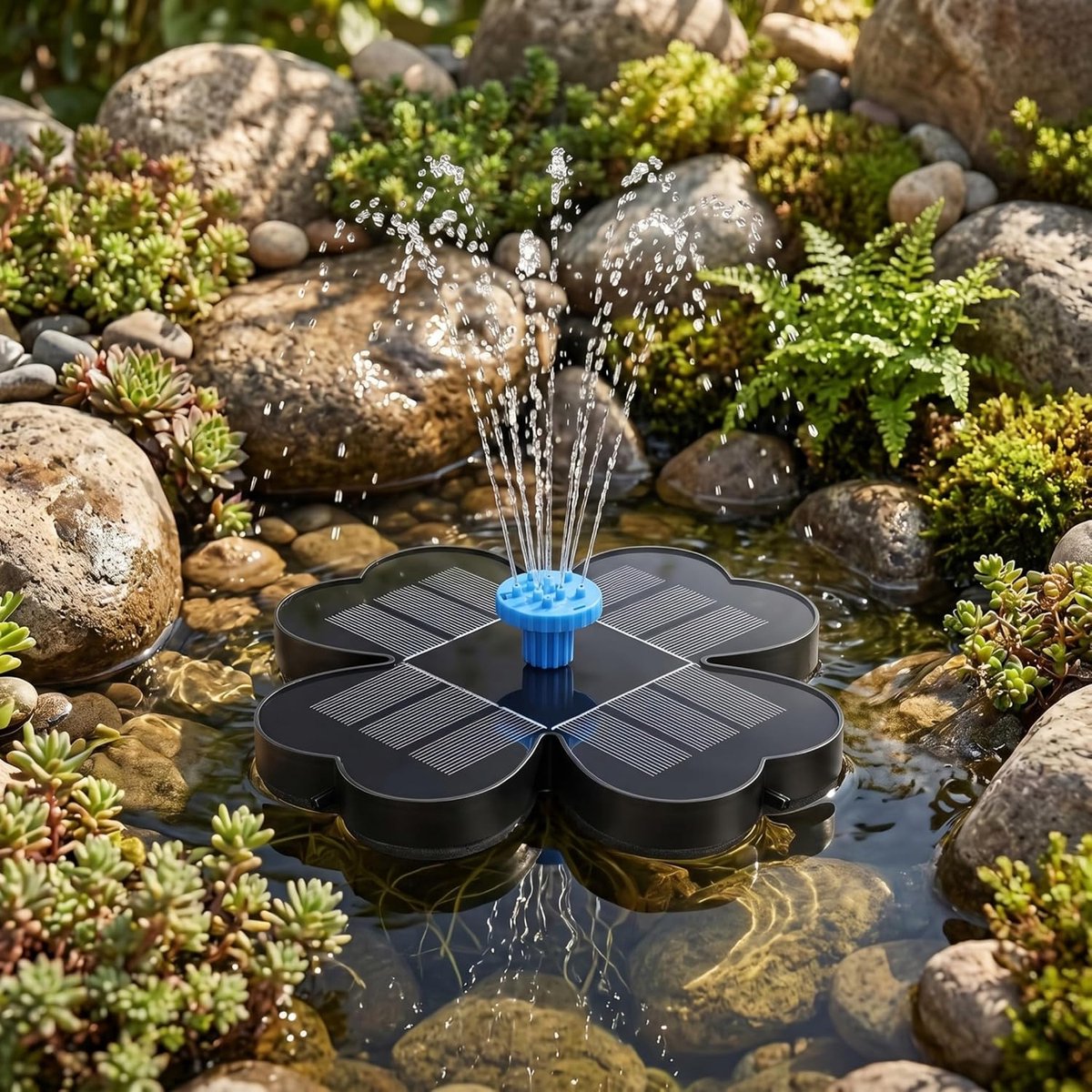 Zonnefontein voor Vogelbad - Solar Fonteinpomp met 8 Sproeikoppen en Verstelbare Paal - Automatische Waterpomp voor Vijver en Tuin - Inclusief Filterwatten - Zwart thumbnail 3