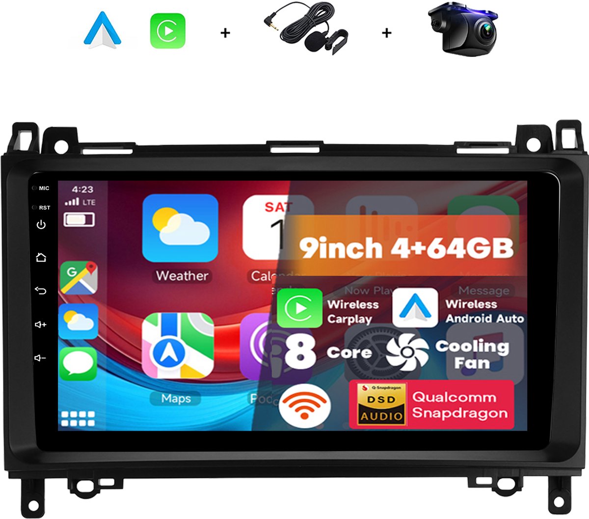 Boscer Autoradio - Geschikt voor Mercedes-Benz B200 (2008-2011) - Android 15 - 4+64GB 8-Core Snapdragon - 9 Inch HD Touchscreen - Interne Koeling - Draadloze Apple CarPlay & Android Auto - GPS - Bluetooth - Camera & Microfoon