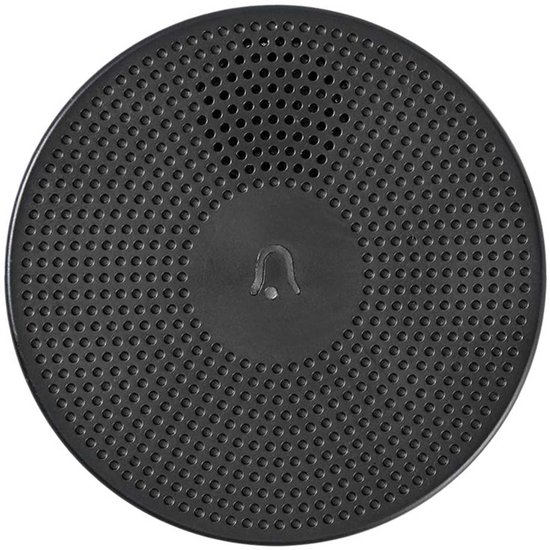 Zwarte ronde Nedis deurbelgong met USB-connector en bel-icoon.