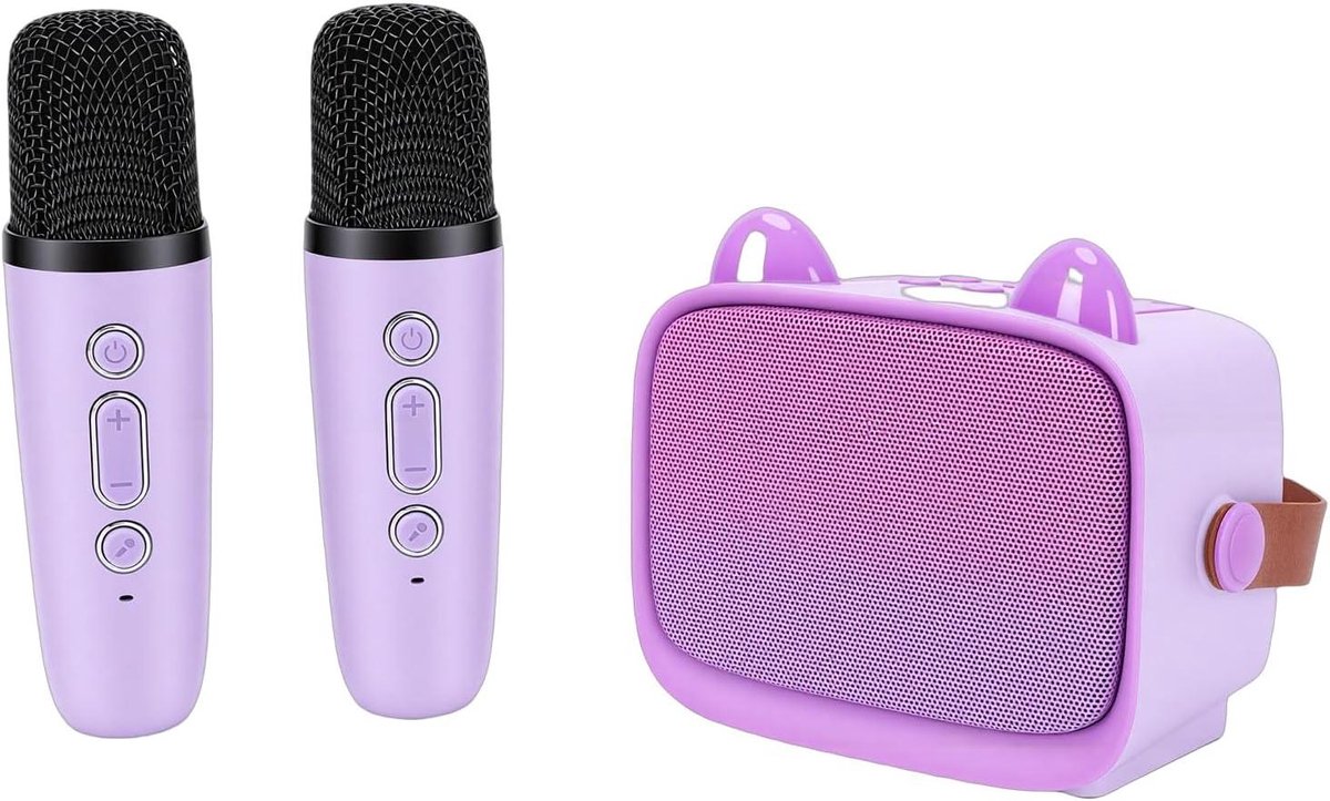 Karaoke Speelgoed - Draagbare Luidspreker - Zingen met Vrienden - Twee Draadloze Microfoons - 15 x 145 cm - Paars