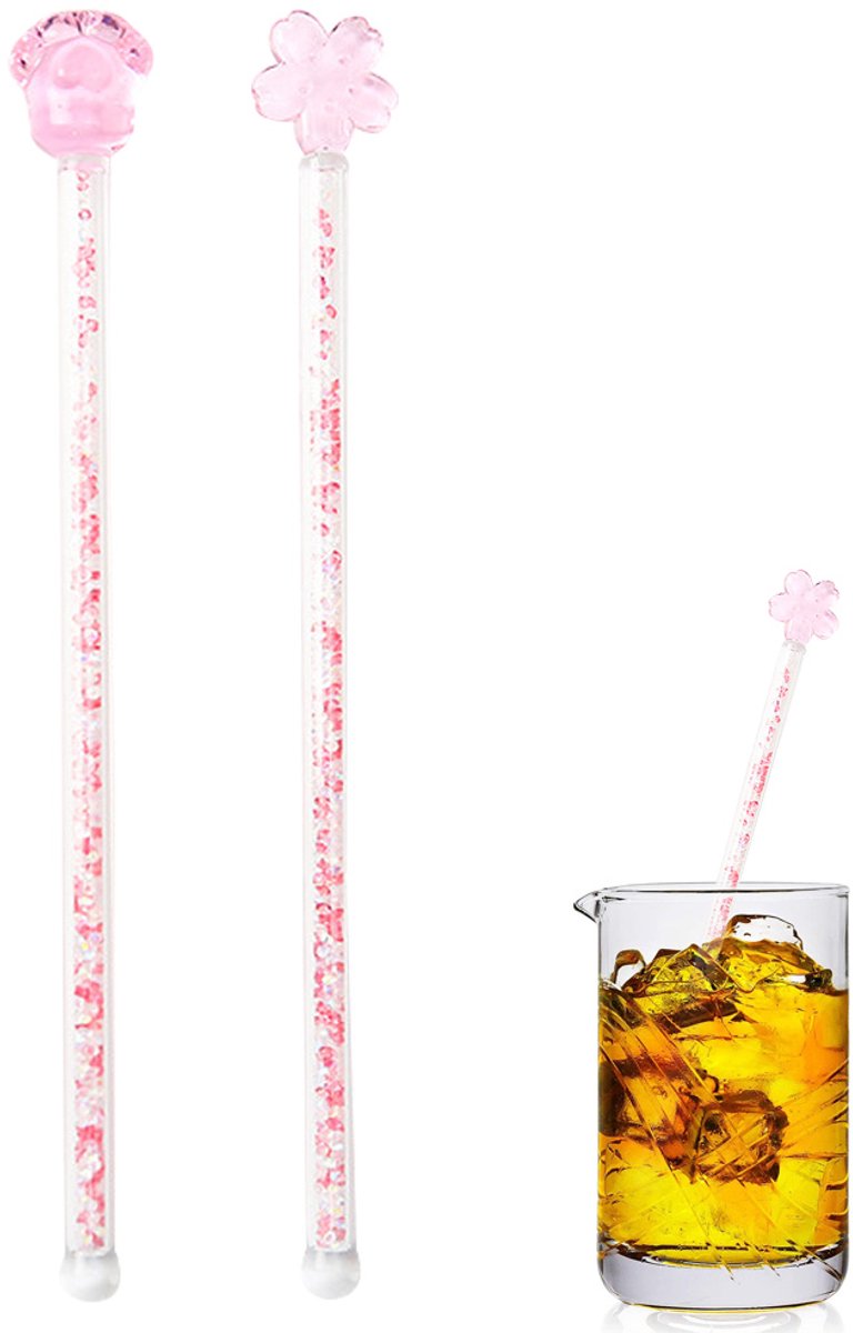 Cuhostki - 2 Stuks - Glazen Roerstaafje - Cocktail Staafje - Drank Roerder - Transparant - Kattenpoot Kersenbloesem - Lang Model