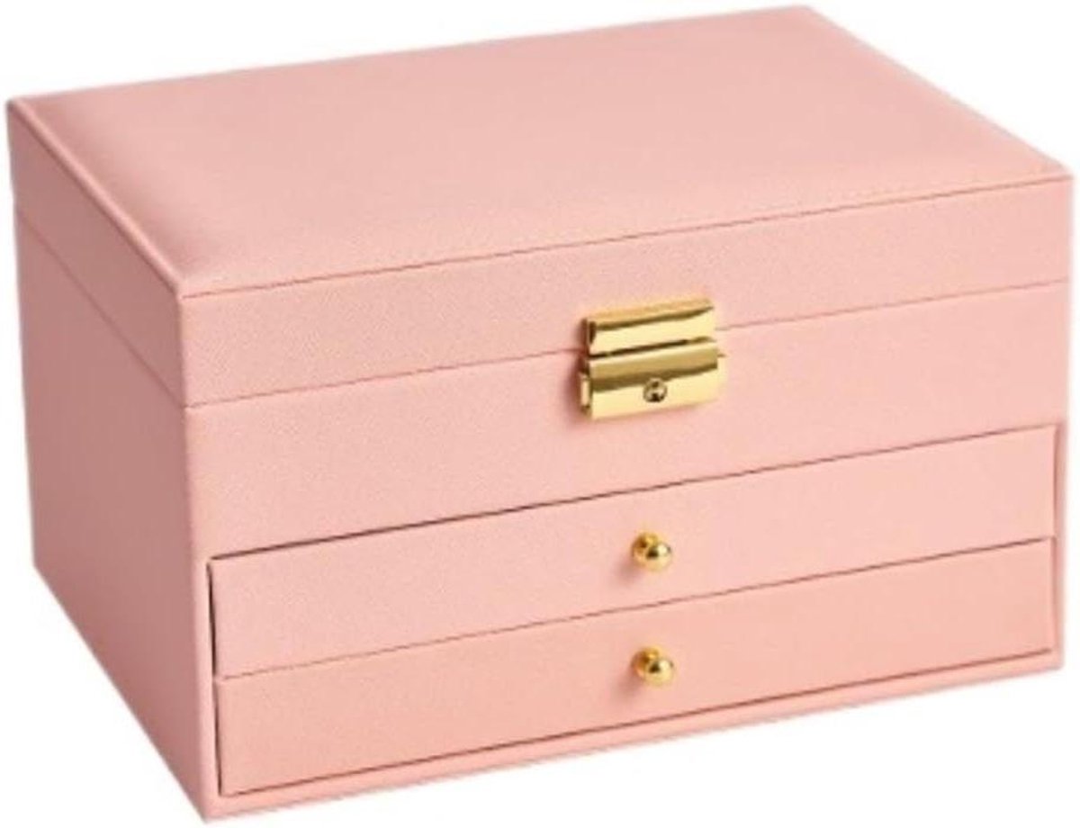 Sieradenopberger - Opbergdoos Ladestijl - Sieraden Organiseren - Drielaags Ontwerp - 23x17x13.5 cm - Roze