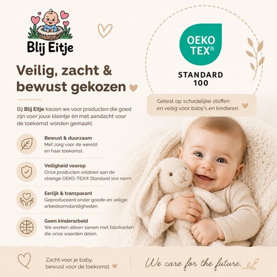 Baby met konijn, Oeko-Tex keurmerk, test op schadelijke stoffen, veilig voor baby's.